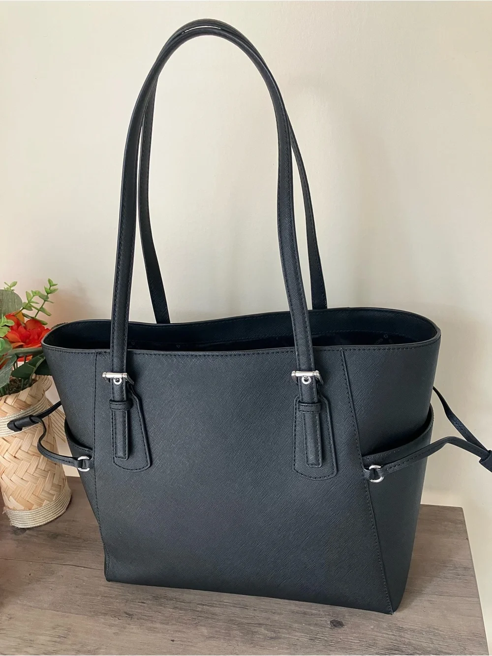 Michael Kors Black Saffiano Tote with Double Straps and matching wallet.